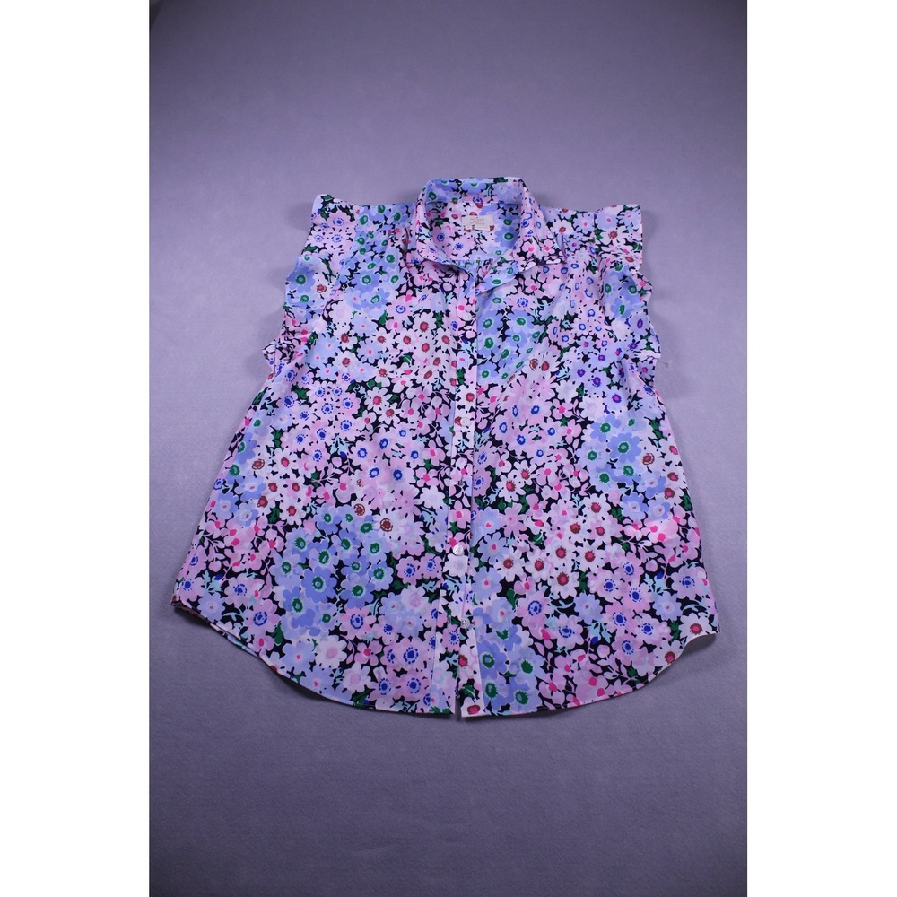 Kate Spade New York Womens Floral Ruffle Sleeve Button Down Top Pink Blue Medium
